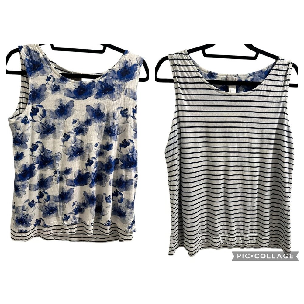 👗 2/$30 👗 Chicos Reversible Sleeveless Tank Top Size M Blue Floral & Striped C